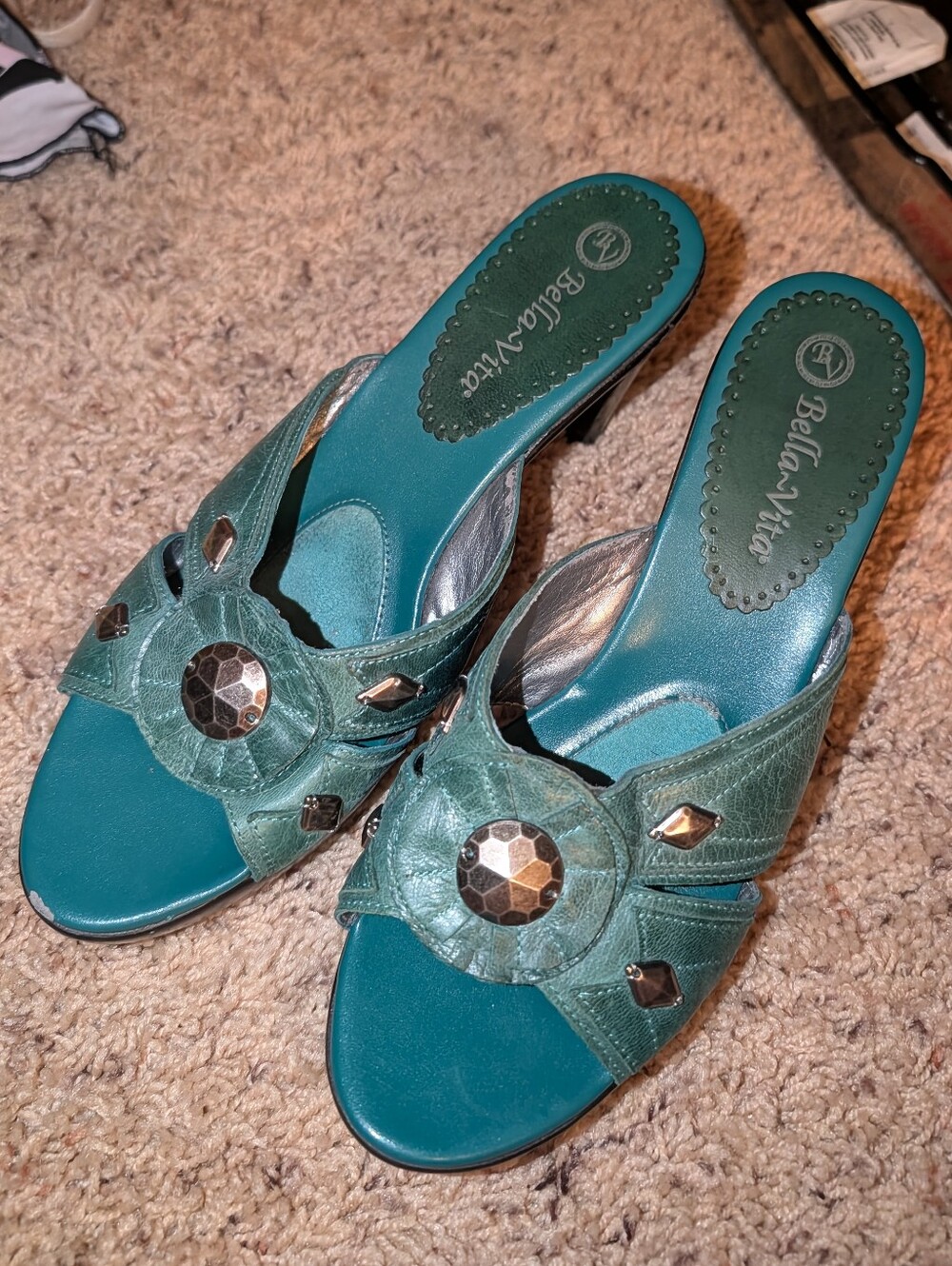 Bella Vita Teal Slide Mules with Decorative Medallions